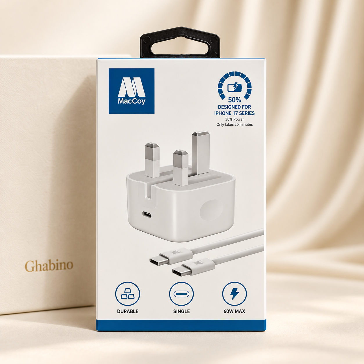 ChatGPT Image Sep 18, 2026, 01_51_14 AM آداپتور شارژ 40 وات MacCoy مدل MC-HC12 سه پین با کابل 60 وات - تصویر 1
