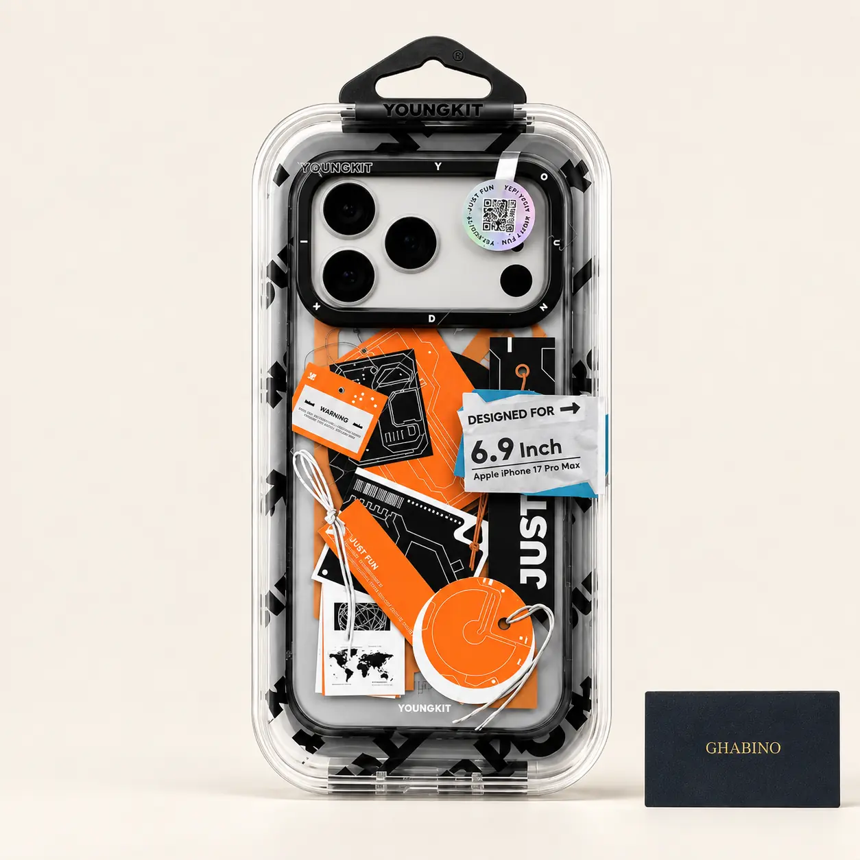 youngkit-just-fun-sticker-collage-orange-iphone-17-pro-max-packaging قاب آیفون 17 پرو مکس مگ سیف یانگکیت Youngkit مدل Different Dimension JUST FUN نارنجی - تصویر 1