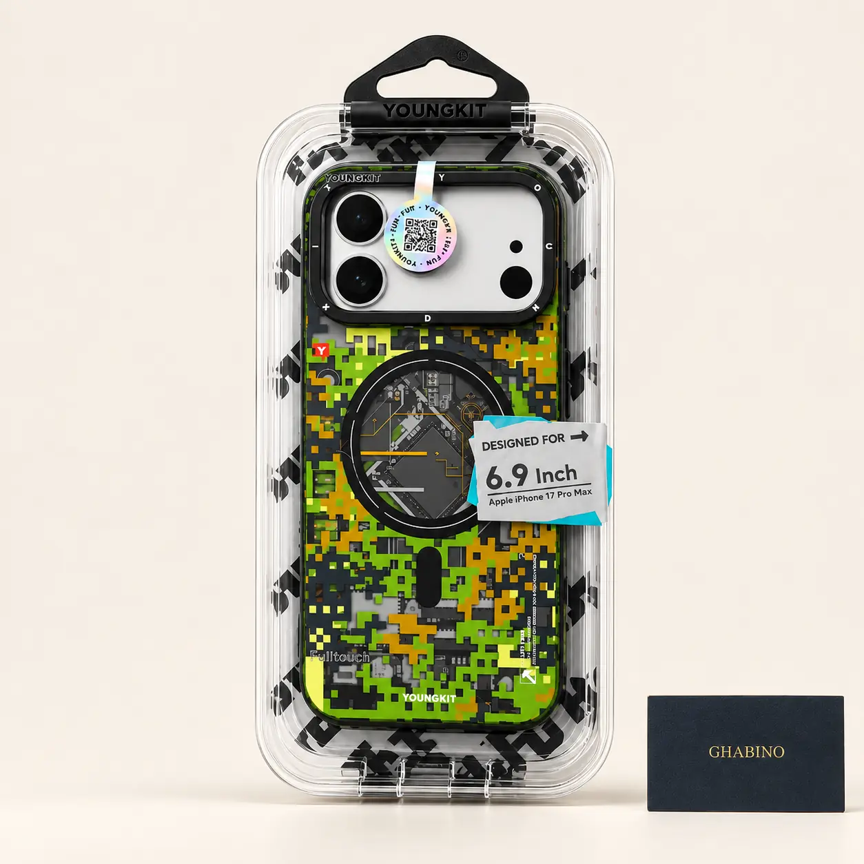 youngkit-pixel-camo-green-iphone-17-pro-max-packaging قاب آیفون 17 پرو مکس یانگ کیت Youngkit مگ سیف طرح پیکسلی سبز مشکی - تصویر 1