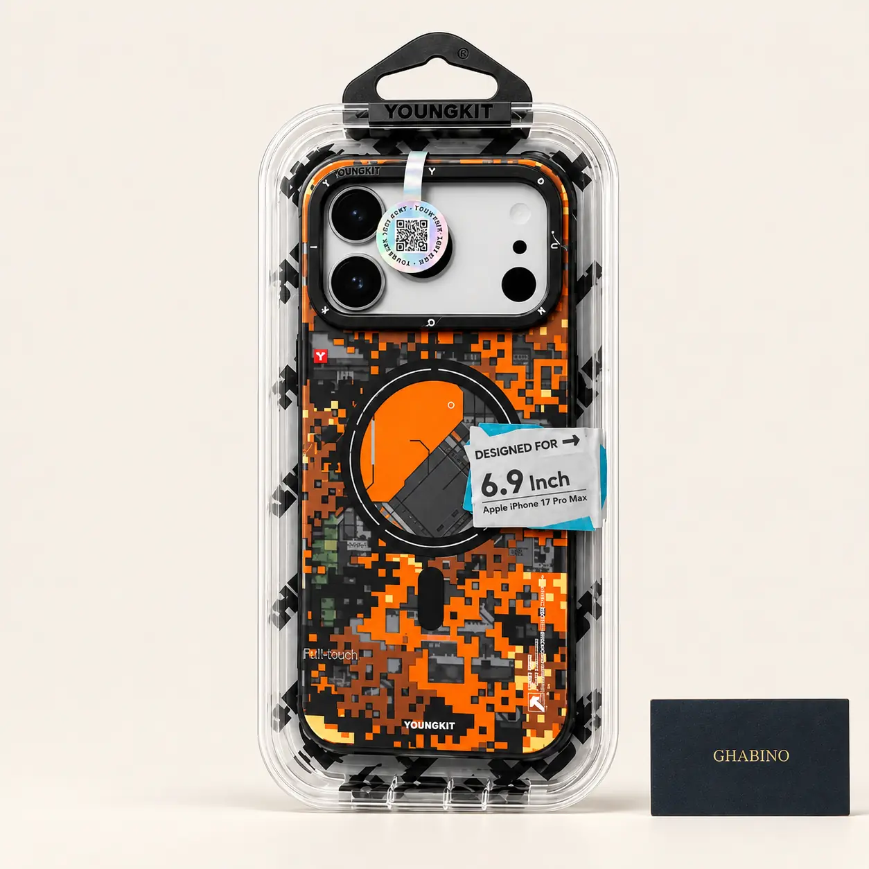 youngkit-pixel-camo-orange-iphone-17-pro-max-packaging قاب آیفون 17 پرو مکس مگ سیف Youngkit Full Touch طرح پیکسلی نارنجی مشکی - تصویر 1
